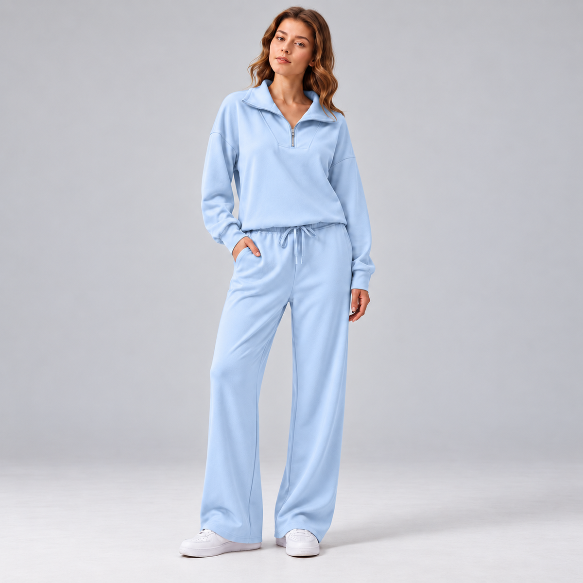 Women’s Relaxed Matching Set – Lapel Top & Wide-Leg Pants