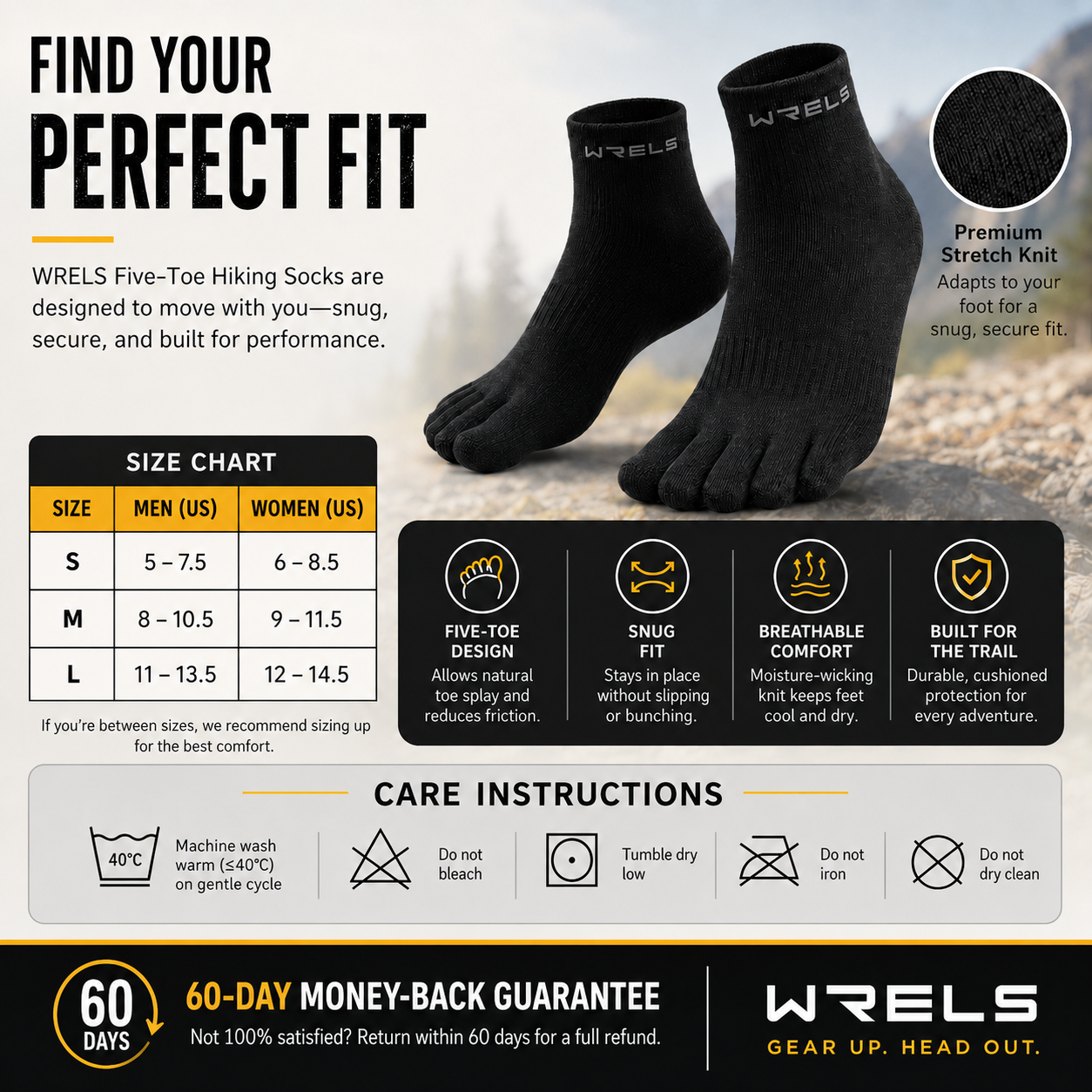 WRELS five-toe hiking socks size guide infographic showing black toe socks, US men’s and women’s sizing, stretch knit comfort, key product features, care instructions, and 60-day money-back guarantee.