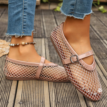 Women’s Breathable Mesh Mary Jane Ballet Flats – Round-Toe Buckle Strap Shoes