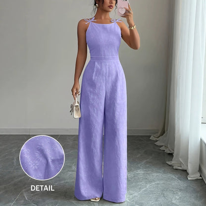 2026 Summer New European and American Cross-Border Jacquard Strap Fashion Casual Jumpsuit for Women with Bow Tie Waist and Wide-Leg Pants