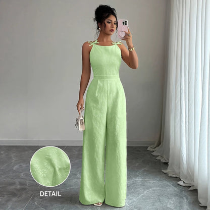 2026 Summer New European and American Cross-Border Jacquard Strap Fashion Casual Jumpsuit for Women with Bow Tie Waist and Wide-Leg Pants