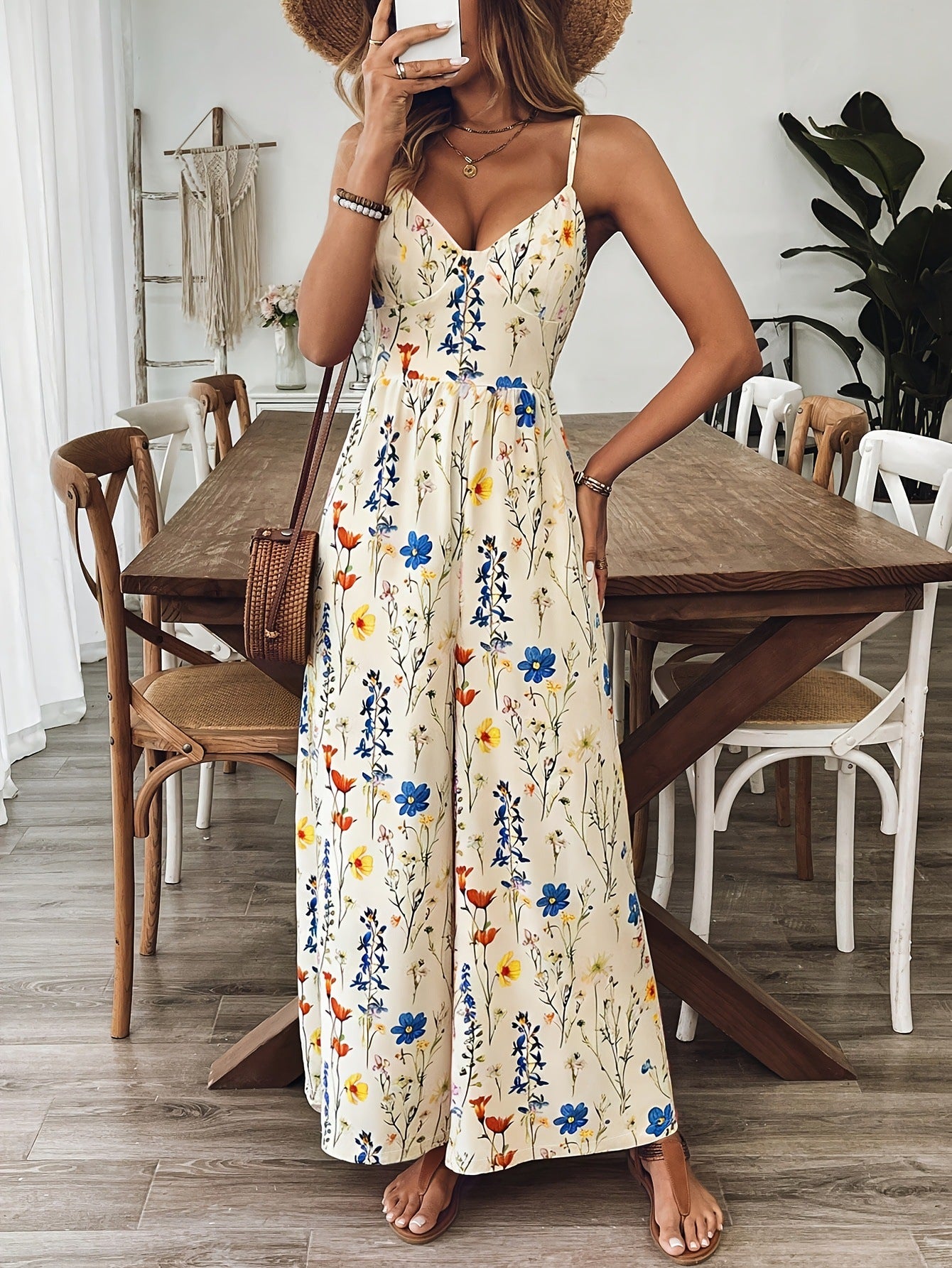 Floral Print Strap Jumpsuit with Back Tie Bow