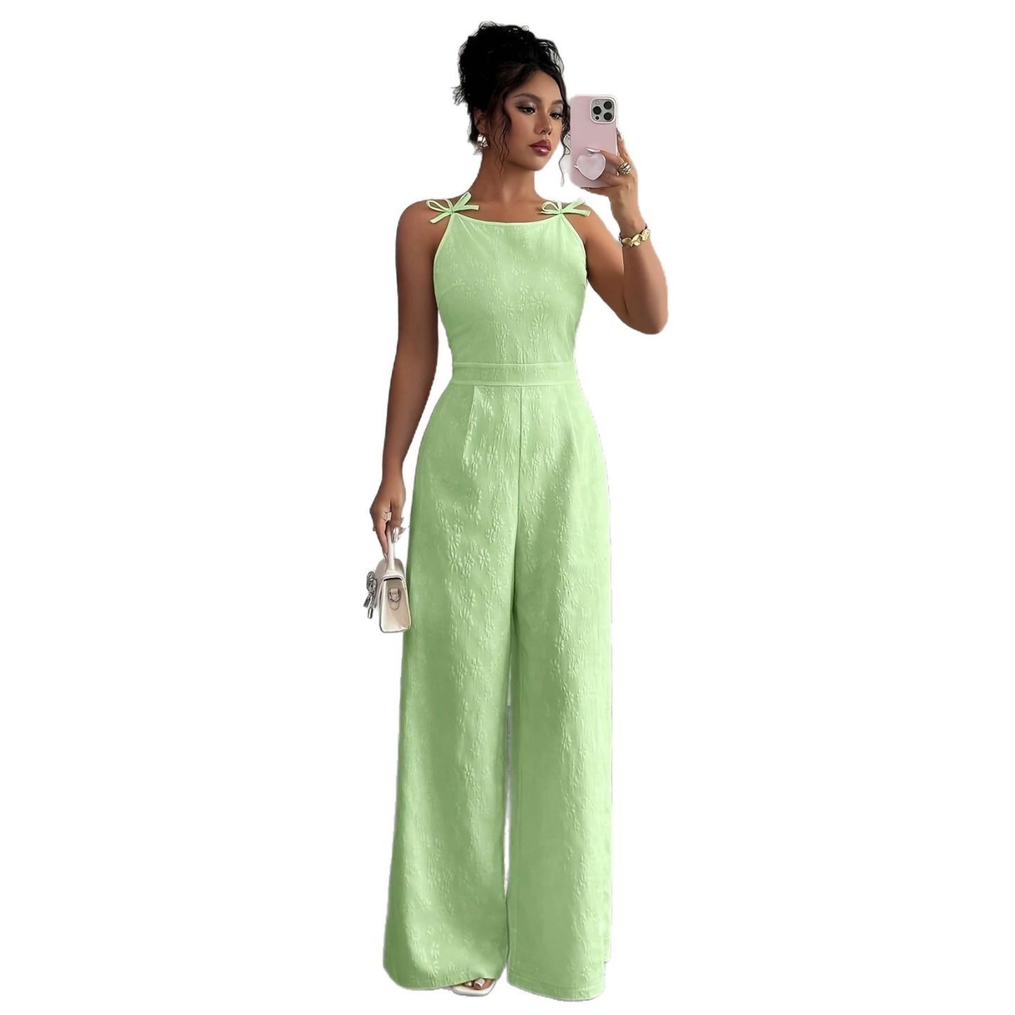 2026 Summer New European and American Cross-Border Jacquard Strap Fashion Casual Jumpsuit for Women with Bow Tie Waist and Wide-Leg Pants
