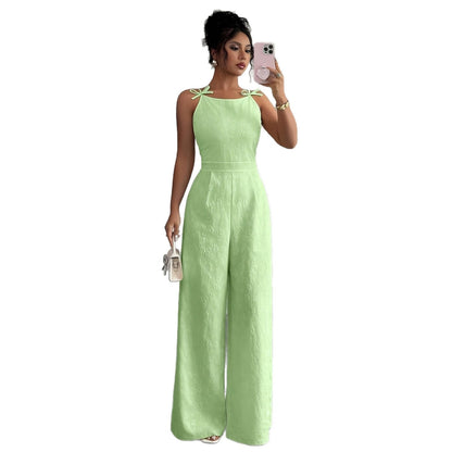 2026 Summer New European and American Cross-Border Jacquard Strap Fashion Casual Jumpsuit for Women with Bow Tie Waist and Wide-Leg Pants