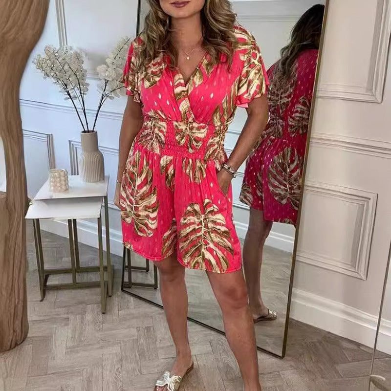 Womens Printed V-Neck Jumpsuit with Pockets