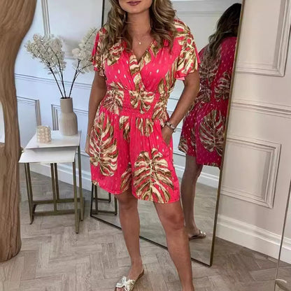 Womens Printed V-Neck Jumpsuit with Pockets