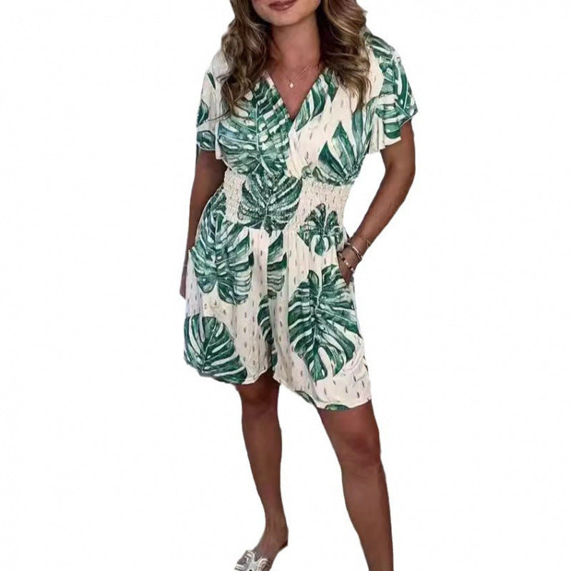 Womens Printed V-Neck Jumpsuit with Pockets