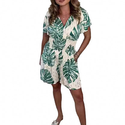 Womens Printed V-Neck Jumpsuit with Pockets