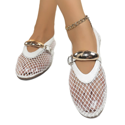 Women’s Breathable Mesh Mary Jane Ballet Flats – Round-Toe Buckle Strap Shoes