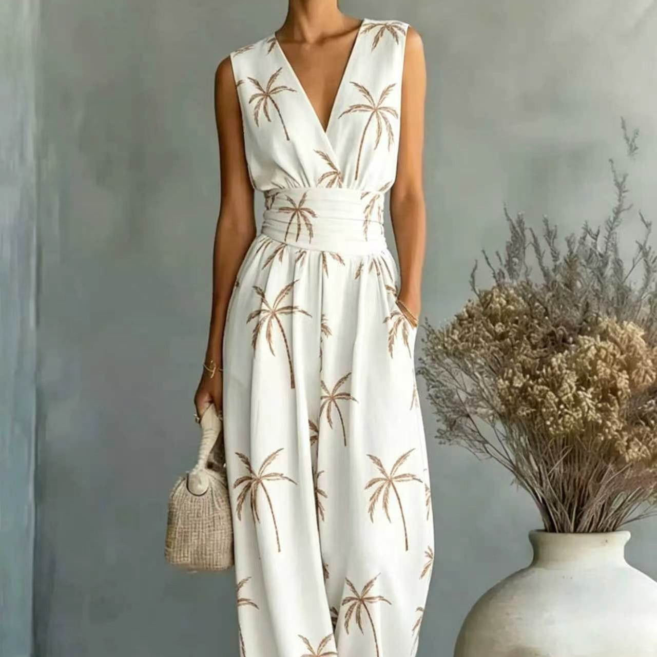 Womens Deep V-Neck Sleeveless Printed Jumpsuit